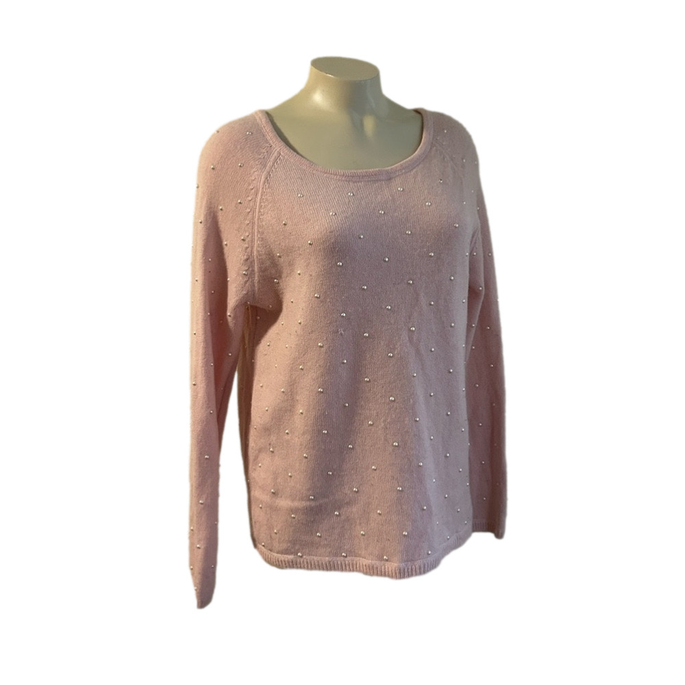 INCashmere Pink /white beaded /studds wool / cashmere sweater LARGE AS IS